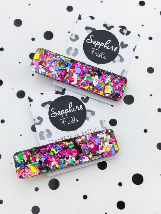 Pink Rainbow Foil Confetti Rectangle Acrylic Hair Clip
