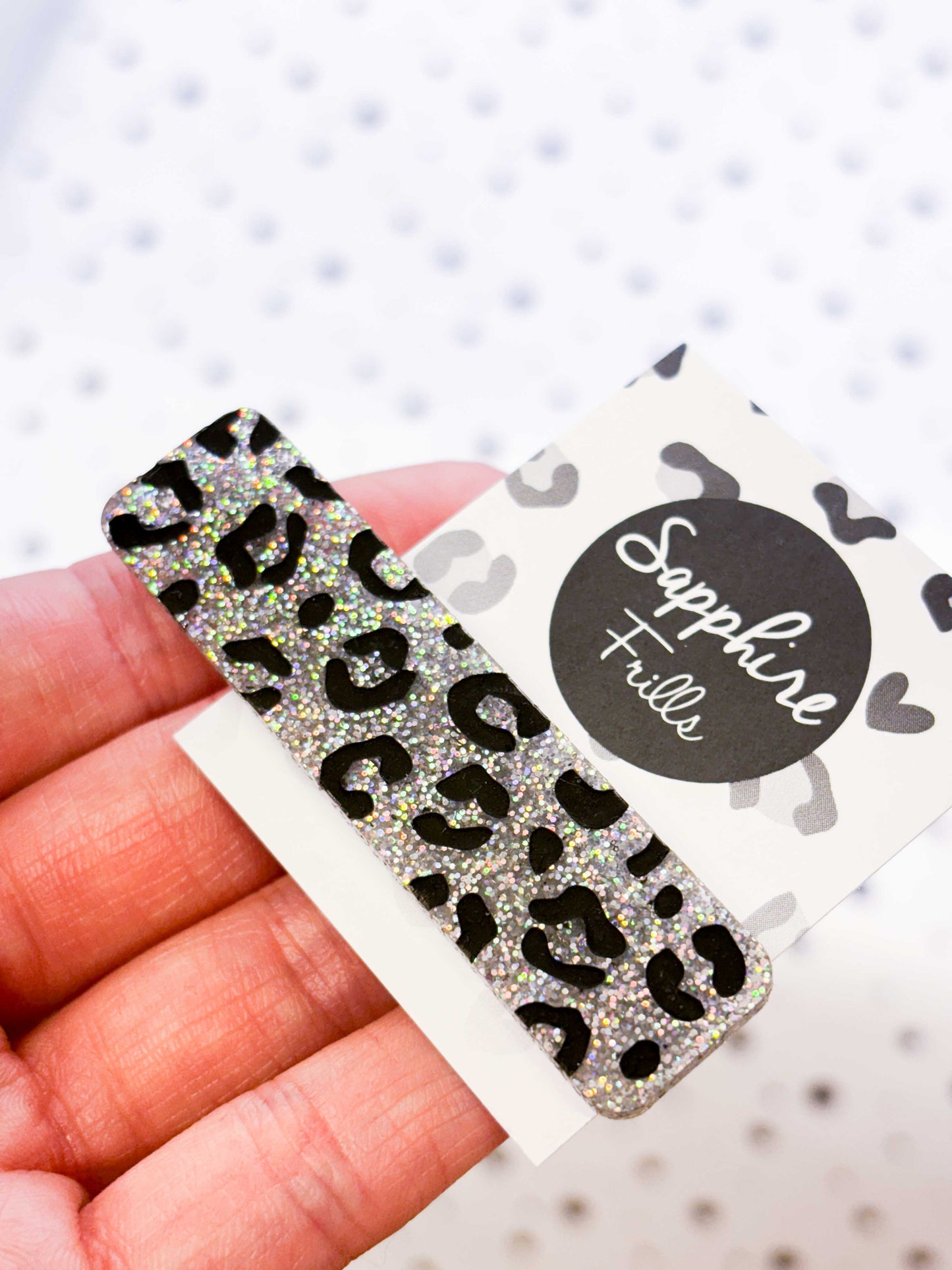 Silver Glitter Leopard Print Rectangle Acrylic Hair Clip
