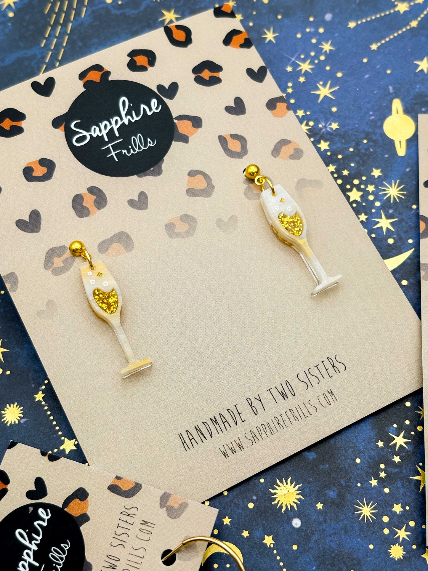 Cream and Gold Glitter Marble Champagne Flute Dangle Earrings or Necklace – Hypoallergenic Stainless Steel
