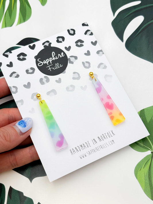 Large Ombre Rainbow Leopard Print Trapeze Dangle Earrings or Necklace – Hypoallergenic Stainless Steel
