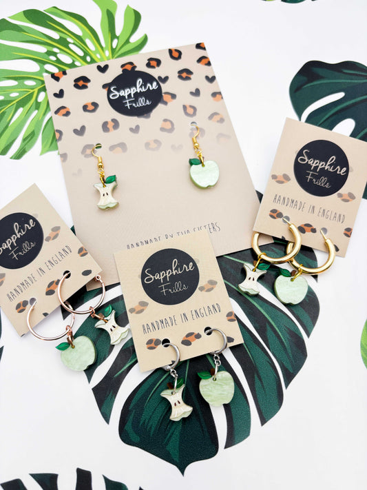 Small Green Apple and Core Mismatch Dangle Earrings or Necklace – Hypoallergenic Stainless Steel