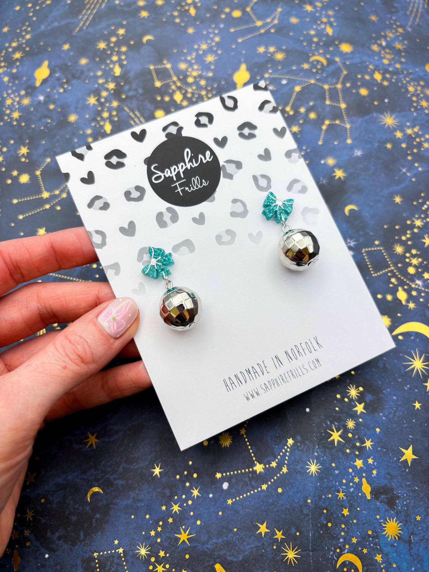 Teal Holographic Glitter Acrylic Bow with Silver Disco Ball Charm Dangle