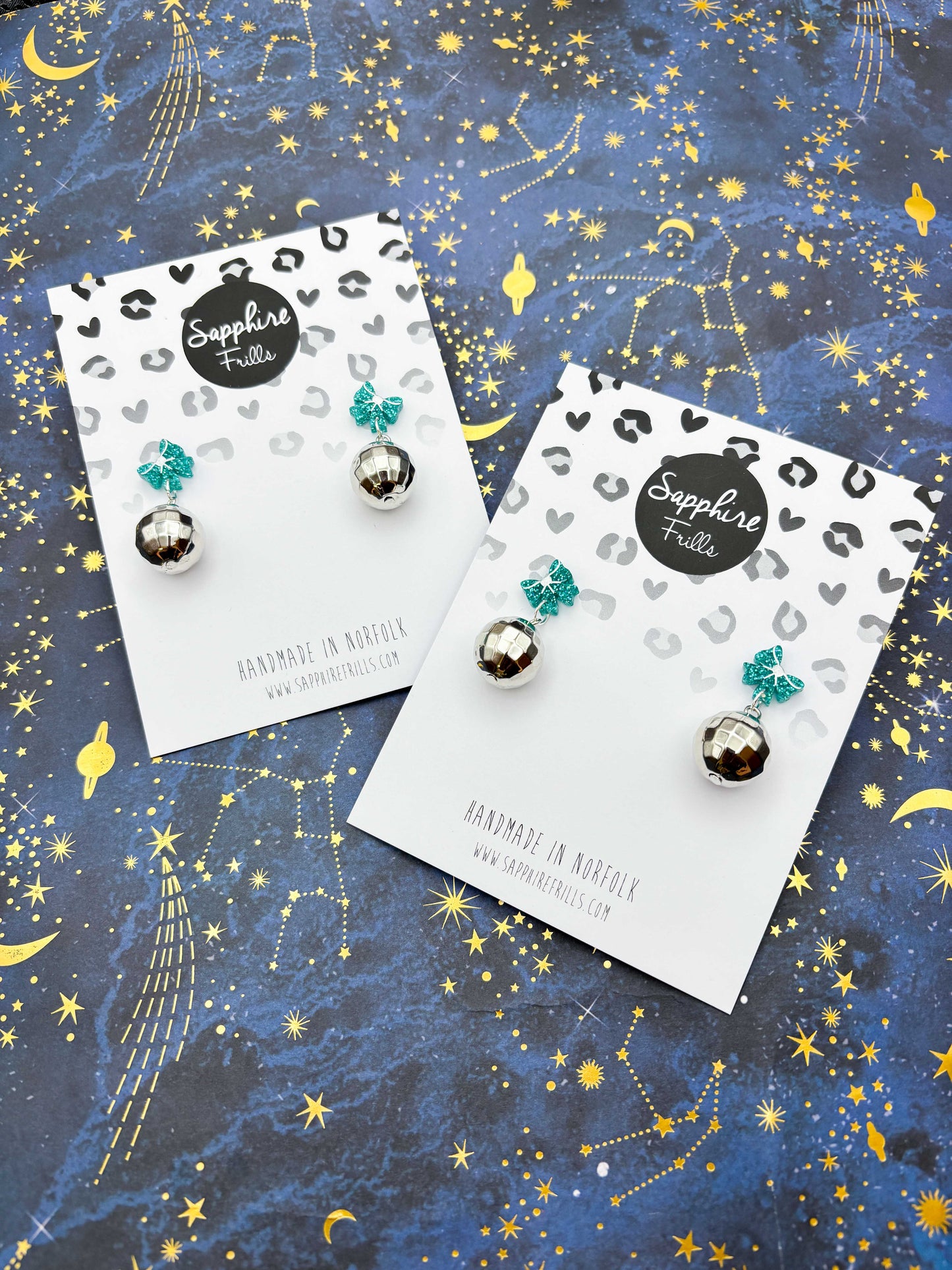 Teal Holographic Glitter Acrylic Bow with Silver Disco Ball Charm Dangle