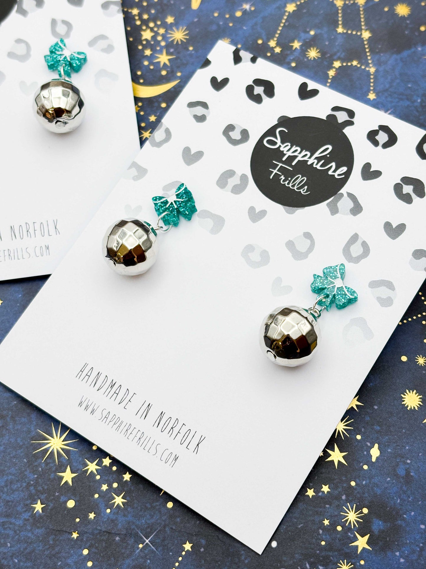 Teal Holographic Glitter Acrylic Bow with Silver Disco Ball Charm Dangle