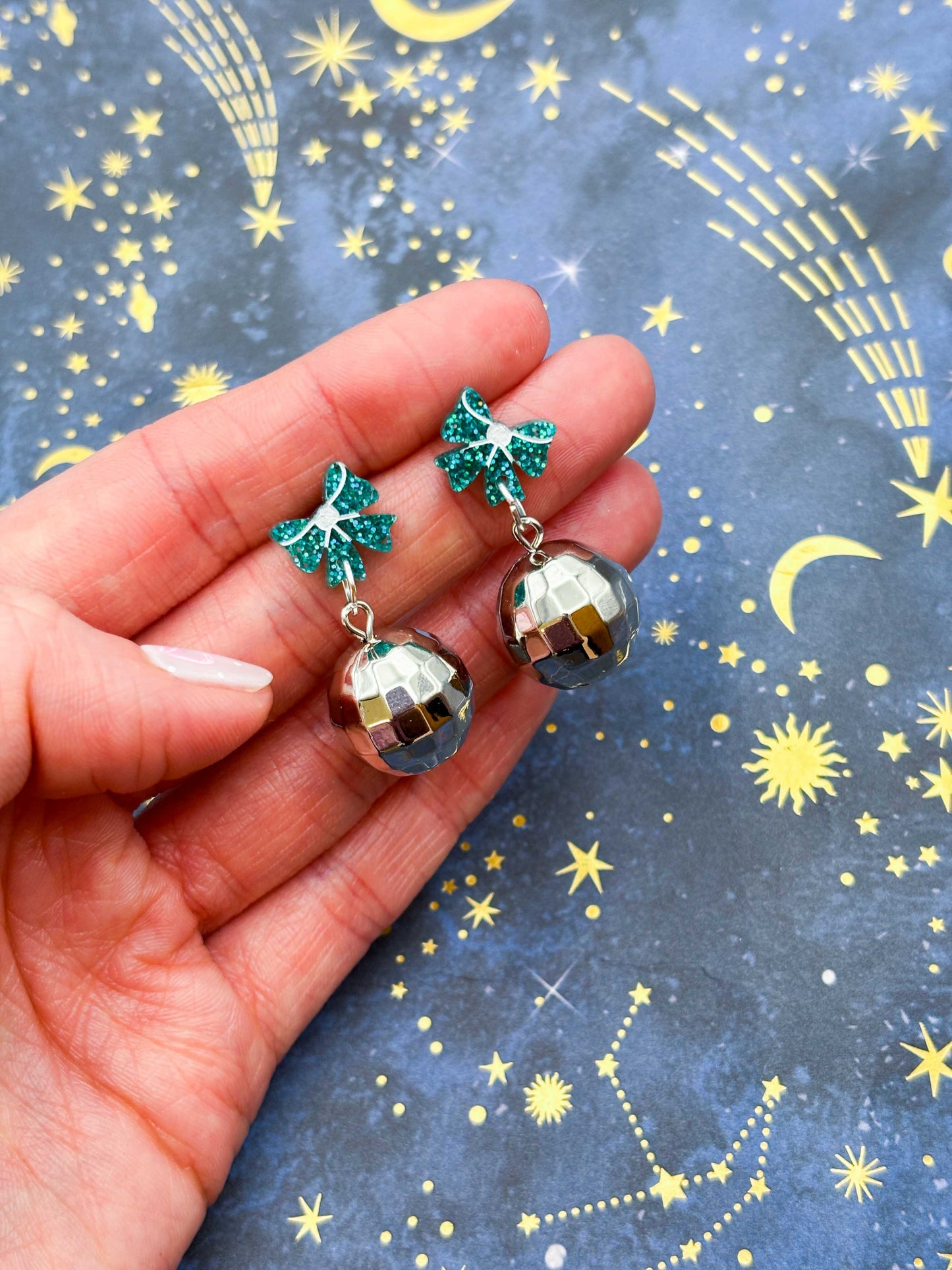 Teal Holographic Glitter Acrylic Bow with Silver Disco Ball Charm Dangle