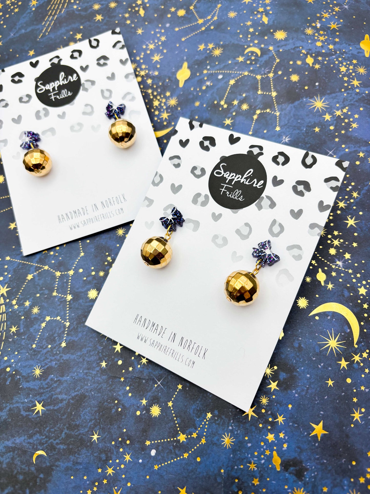 Blueberry Glitter Acrylic Bow with Gold Disco Ball Charm Dangle Earrings