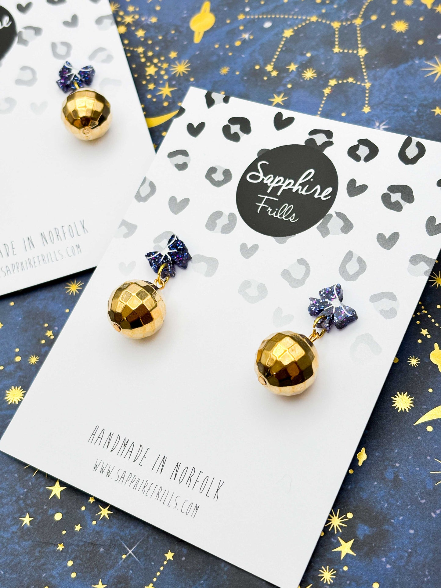 Blueberry Glitter Acrylic Bow with Gold Disco Ball Charm Dangle Earrings
