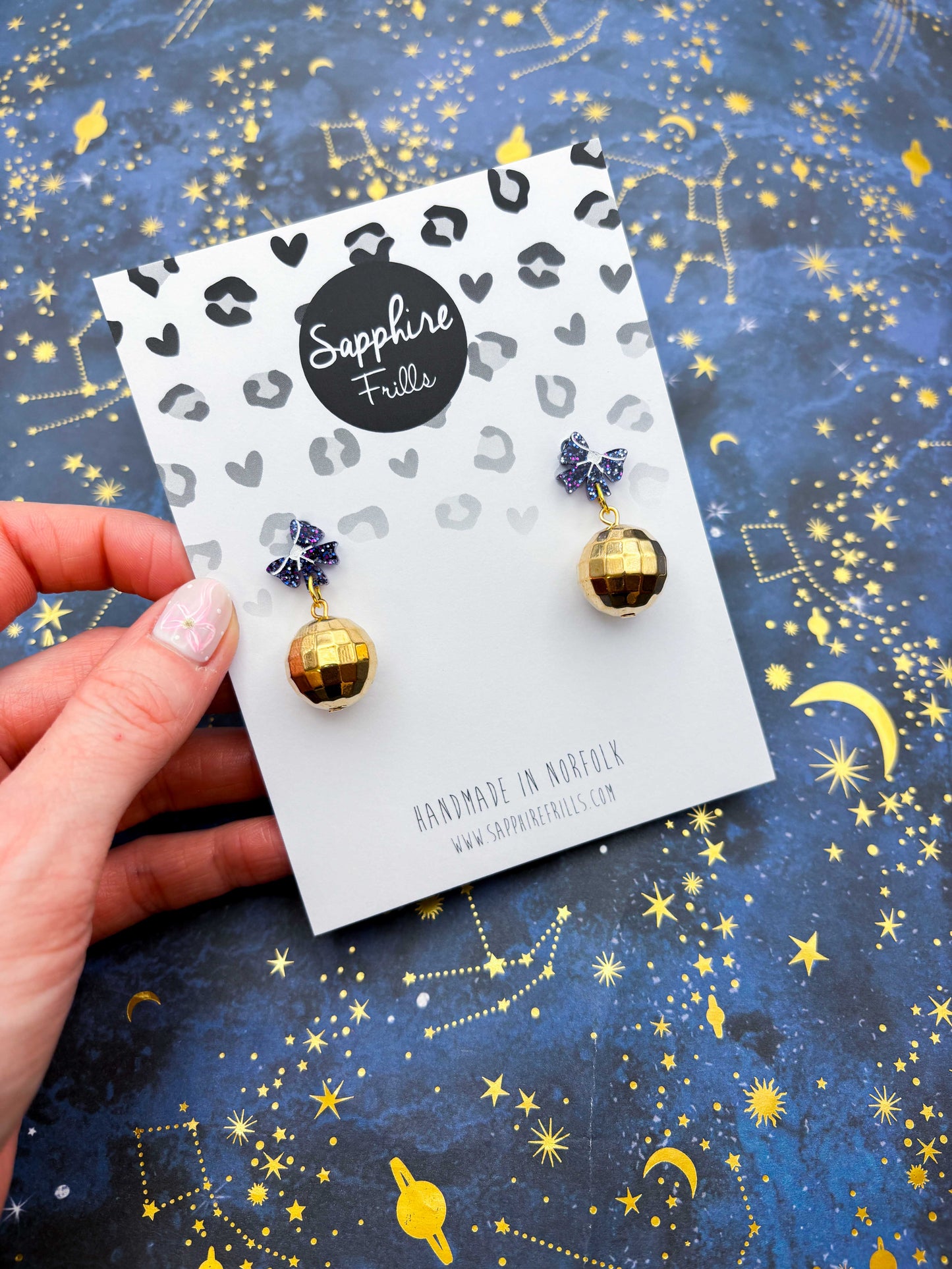 Blueberry Glitter Acrylic Bow with Gold Disco Ball Charm Dangle Earrings