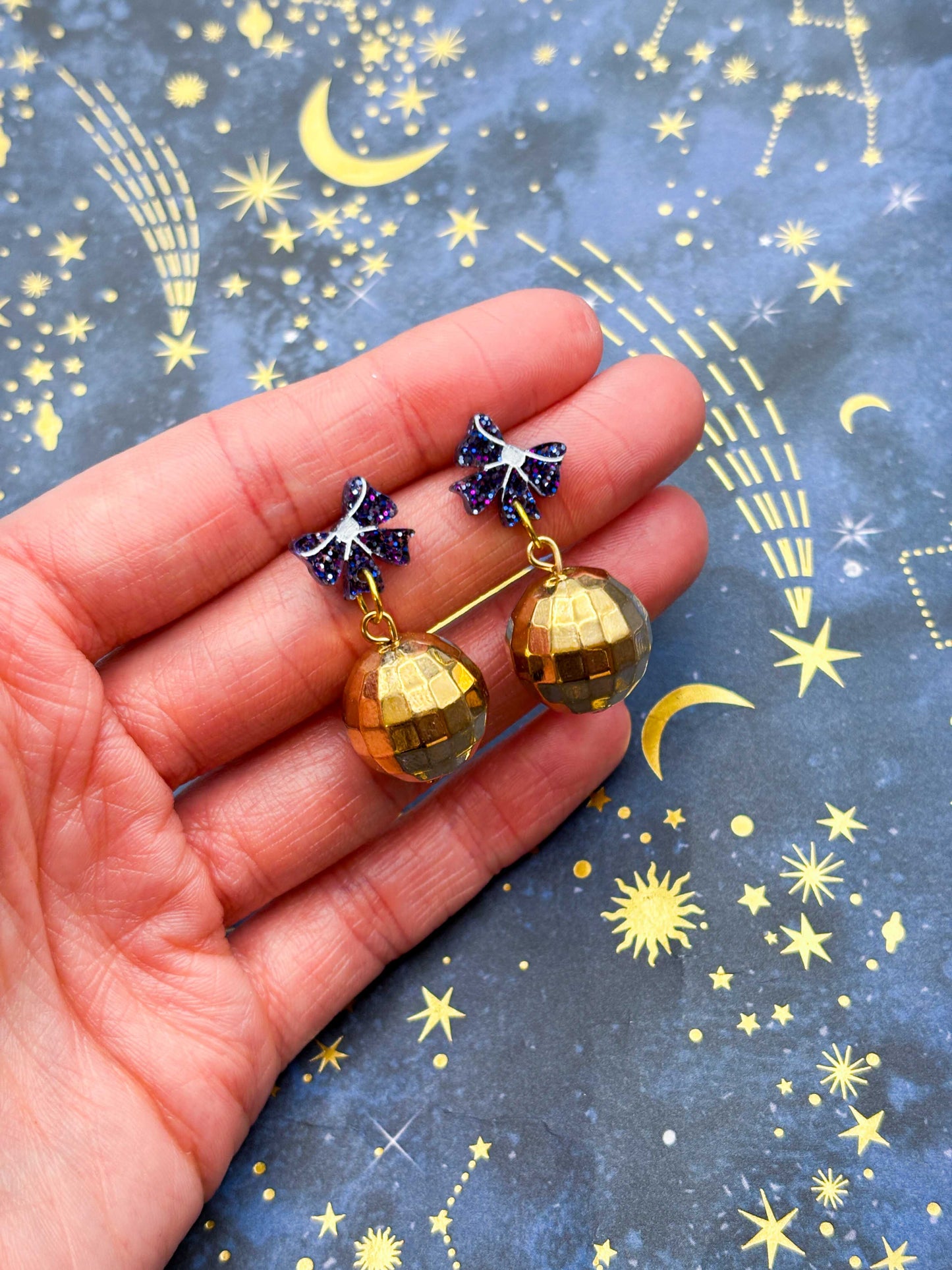 Blueberry Glitter Acrylic Bow with Gold Disco Ball Charm Dangle Earrings