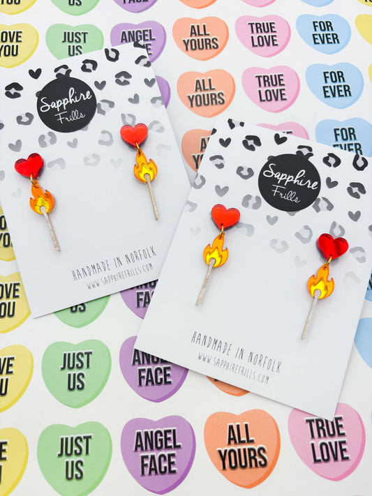 Large Flaming Matchstick with Heart Statement Dangle Earrings – Hypoallergenic Stainless Steel