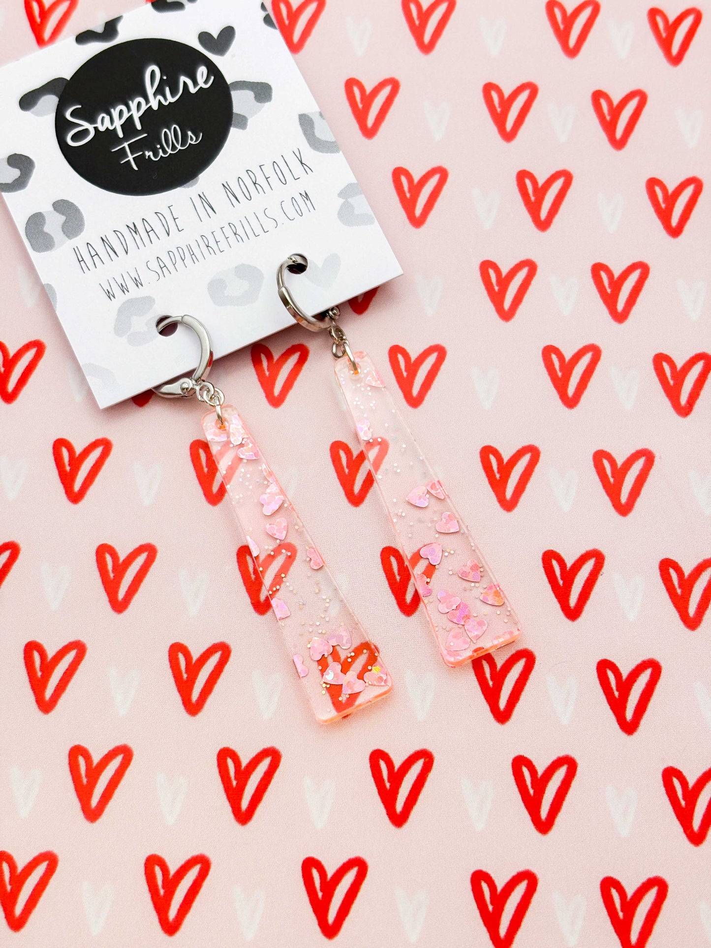 Large Dusky Pink Holographic Heart Trapeze Dangle Earrings or Necklace – Hypoallergenic Stainless Steel