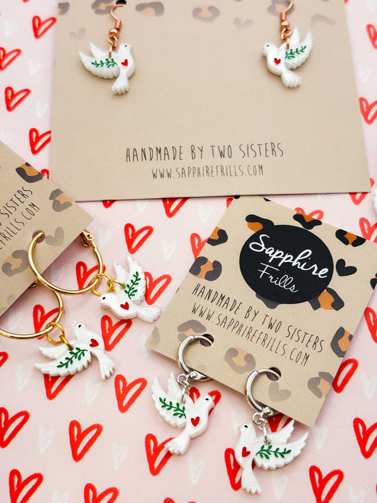 Small White Marble Heart Dove Dangle Earrings or Necklace – Hypoallergenic Stainless Steel