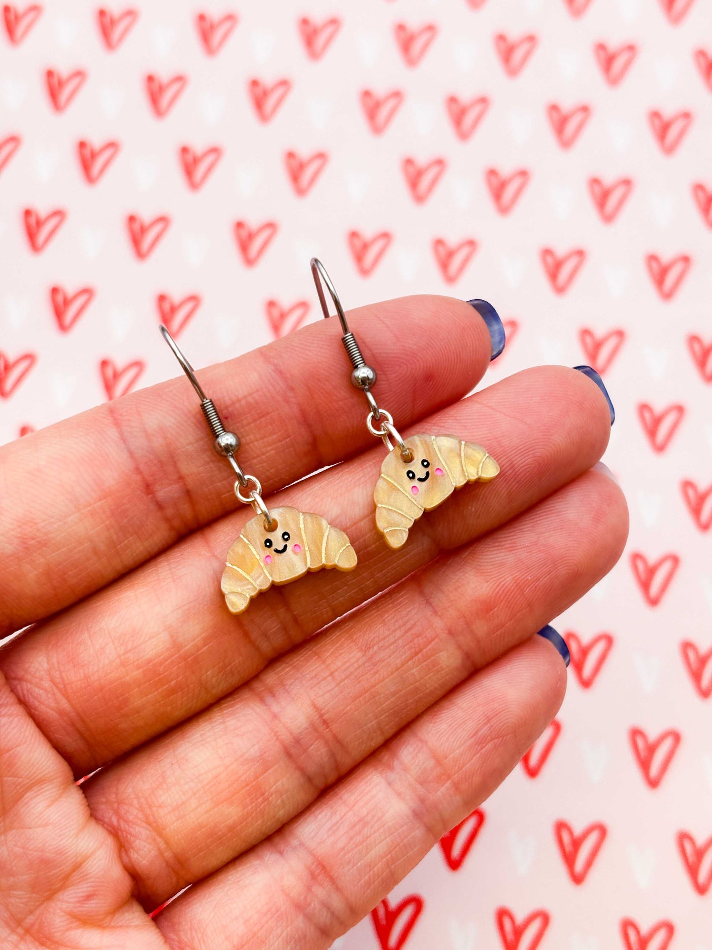 Small Beige Croissant Dangle Earrings or Necklace – Hypoallergenic Stainless Steel