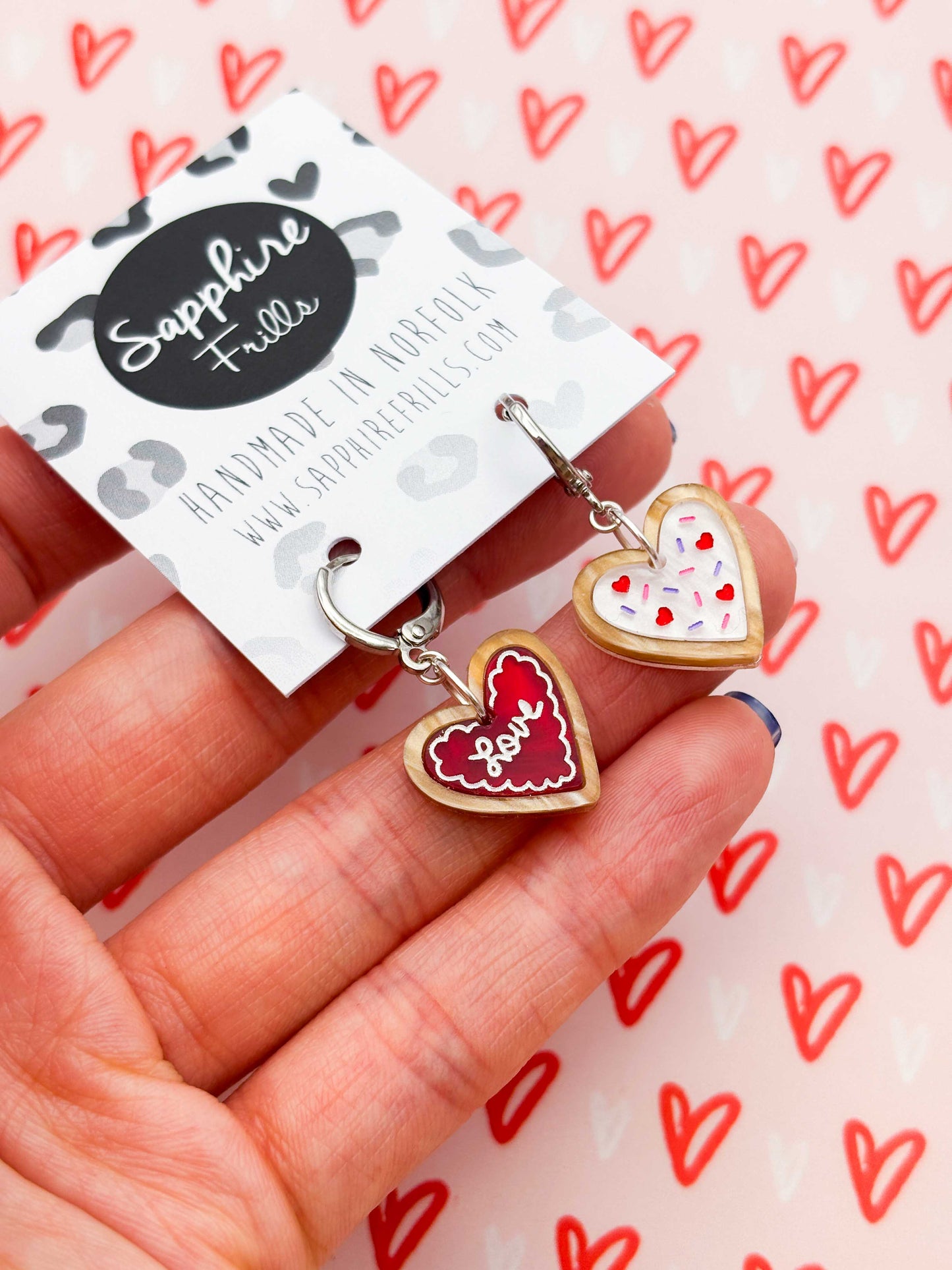 Small Mismatch ‘Love’ Valentines Heart Cookie Dangle Earrings or Necklace – Hypoallergenic Stainless Steel