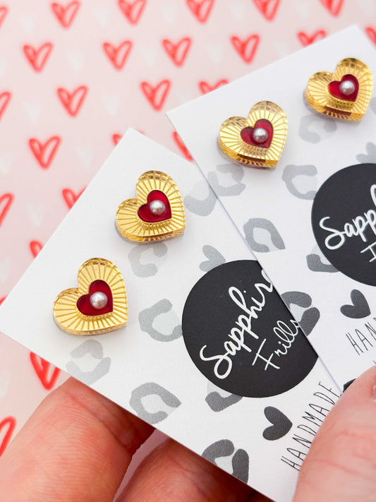 Small Gold Mirror and Red Marble Pearl Cut Out Heart Stud Earrings – Hypoallergenic Stainless Steel