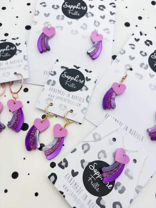 Medium Purple & Pink Glitter Marble Shooting Heart Dangle Earrings or Necklace – Hypoallergenic Stainless Steel
