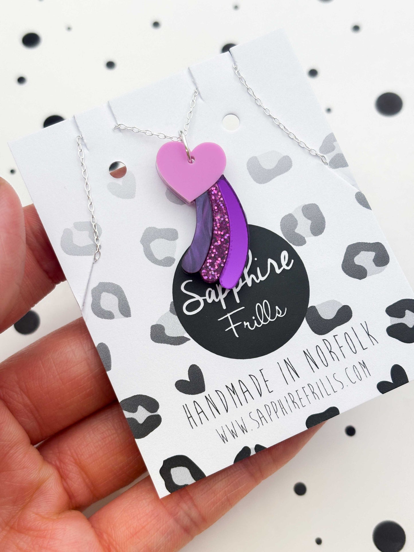 Medium Purple & Pink Glitter Marble Shooting Heart Dangle Earrings or Necklace – Hypoallergenic Stainless Steel
