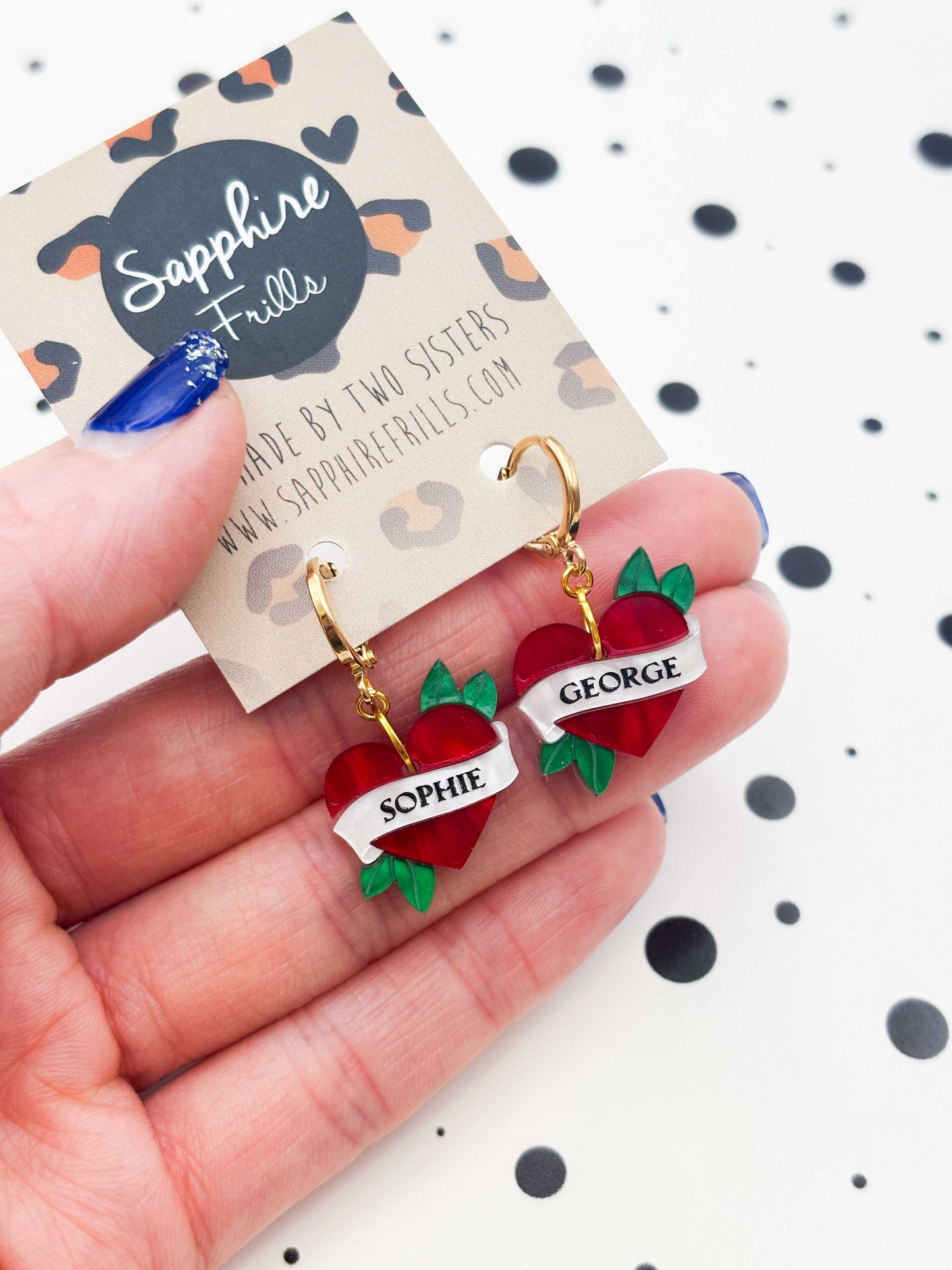 Medium Personalised Red Tattoo Style Heart With Leaves Dangle Earrings or Necklace – Hypoallergenic Stainless Steel