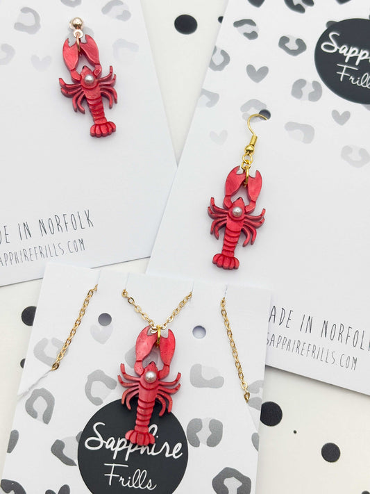 Large Red Glitter Marble Lobster with Pearl Dangle Earrings or Necklace – Hypoallergenic Stainless Steel