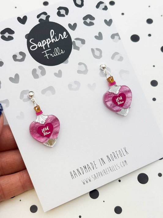 Medium Pink & Purple Glitter Marble Love Potion Dangle Earrings or Necklace – Hypoallergenic Stainless Steel