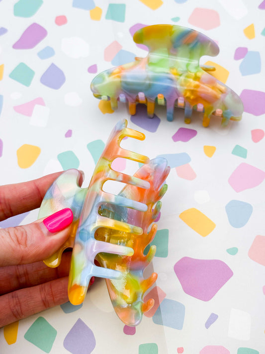 Large Pastel Rainbow Marble Crescent Claw Clip