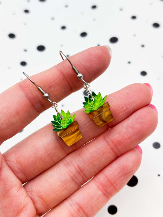 Small Green Succulent in Pot Dangle Earrings or Necklace – Hypoallergenic Stainless Steel