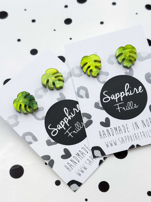 Mini Bright Olive Marble Monstera Leaf Stud Earrings – Hypoallergenic Stainless Steel