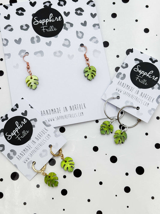 Mini Bright Olive Marble Monstera Leaf Dangle Earrings or Necklace – Hypoallergenic Stainless Steel