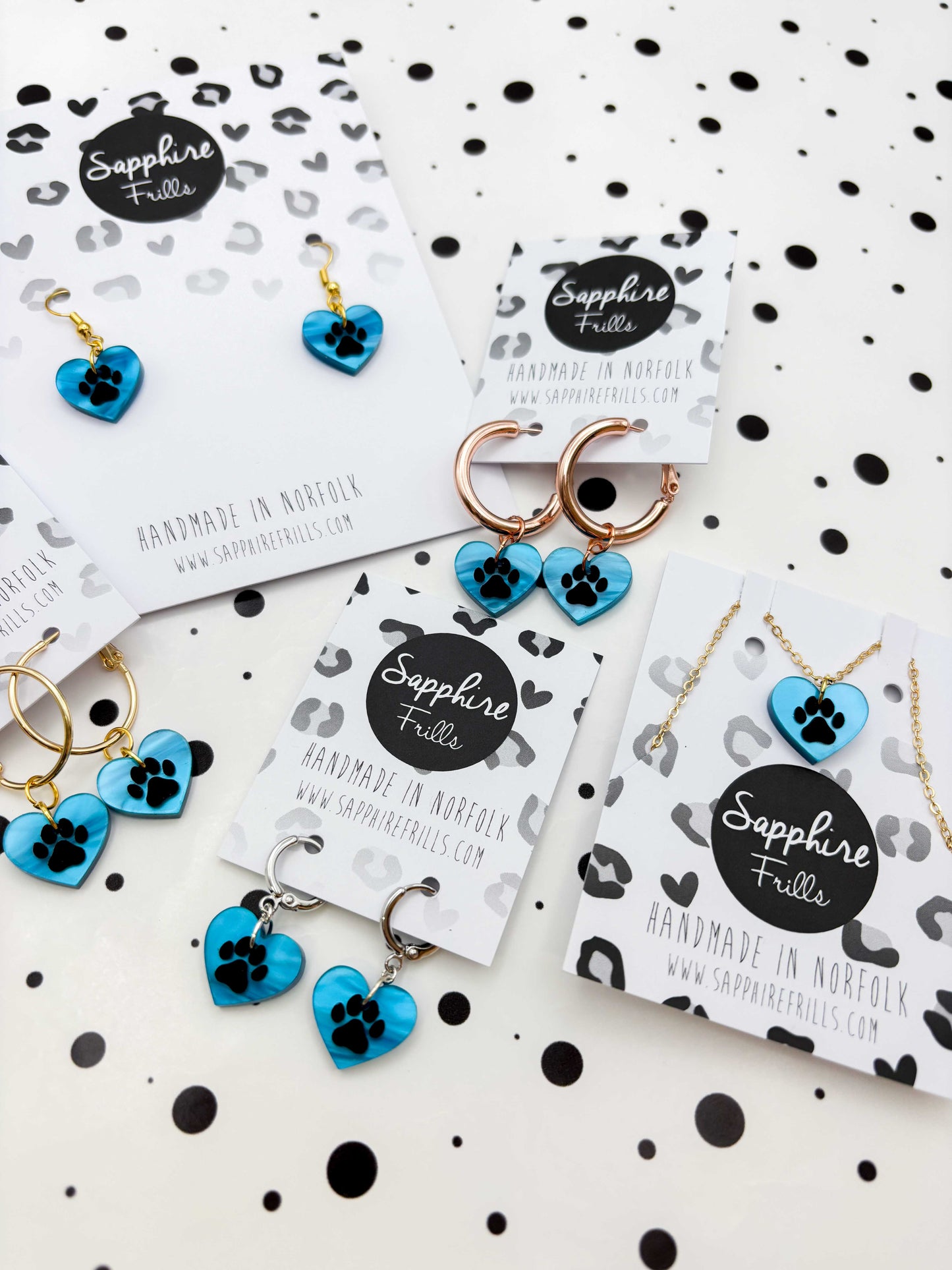 Small Turquoise Blue Marble Paw Print Acrylic Heart Dangle Earrings or Necklace – Hypoallergenic Stainless Steel