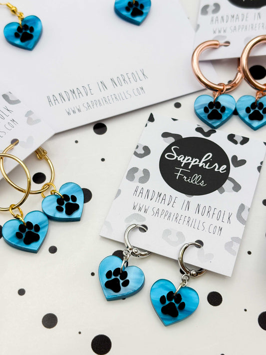 Small Turquoise Blue Marble Paw Print Acrylic Heart Dangle Earrings or Necklace – Hypoallergenic Stainless Steel