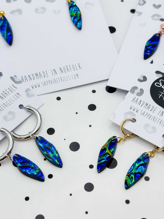 Small Blue and Green Iridescent Bubble Wing Dangle Earrings or Necklace – Hypoallergenic Stainless Steel