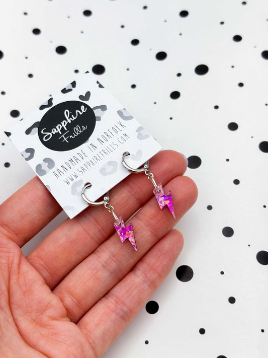 Mini Pink and Rose Confetti Lightning Bolt Dangle Earrings or Necklace – Hypoallergenic Stainless Steel