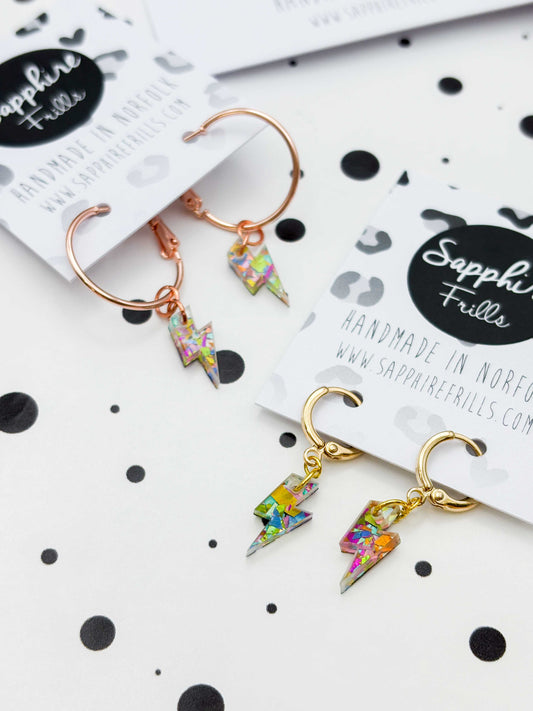 Mini Rainbow Confetti Lightning Bolt Dangle Earrings or Necklace – Hypoallergenic Stainless Steel