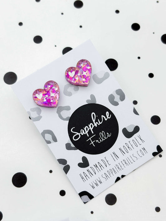 Small Pink and Rose Confetti Heart Studs – Hypoallergenic Stainless Steel