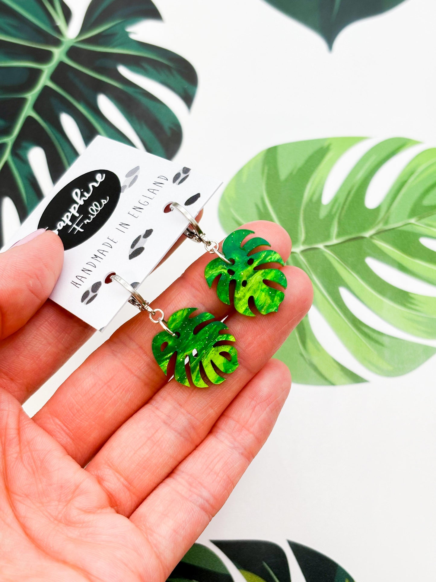 Medium Green Glitter Marble Acrylic Monstera Leaf Dangle Earrings or Necklace – Hypoallergenic Stainless Steel
