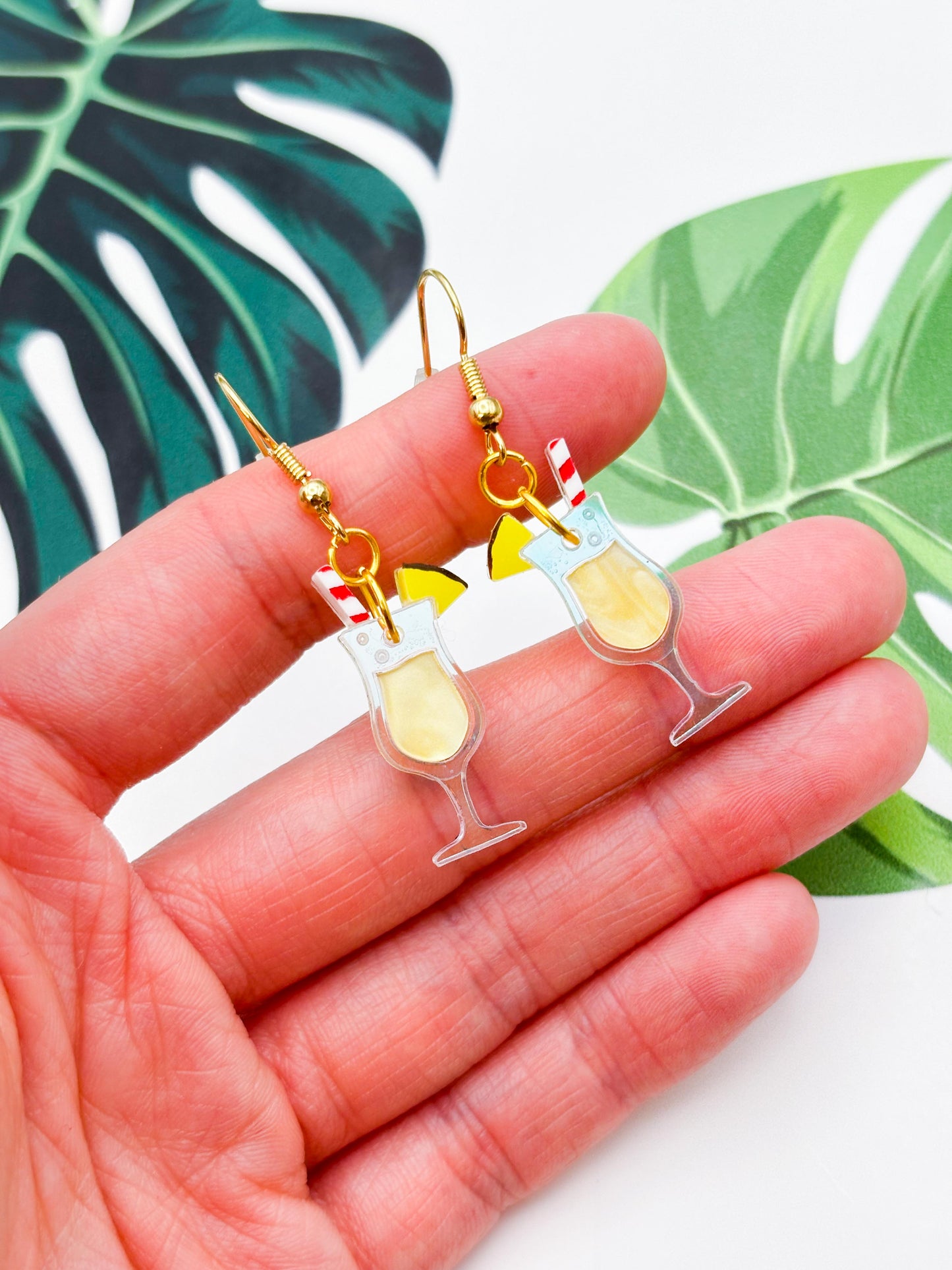 Medium Iridescent Yellow Marble Acrylic Pina Colada Dangle Earrings