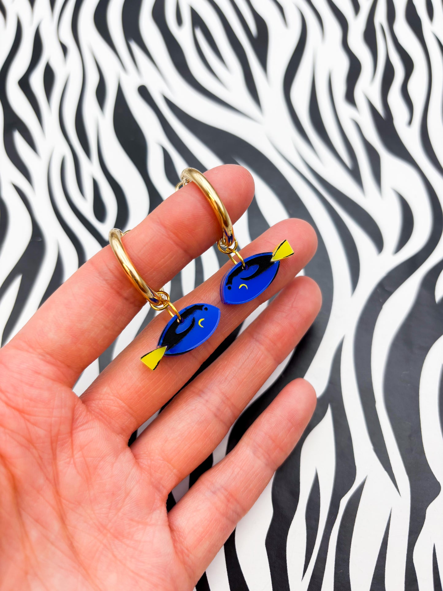 Medium Blue and Yellow Gloss Acrylic Parcific Blue Tang Fish Dangle Earrings
