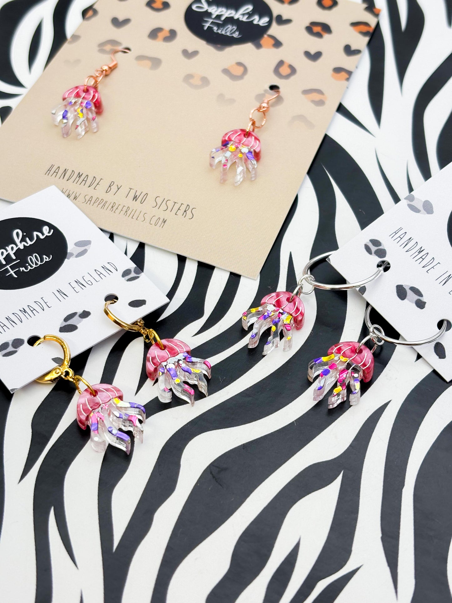 Small Hot Pink Marble and Confetti Jellyfish Acrylic Dangle Earrings