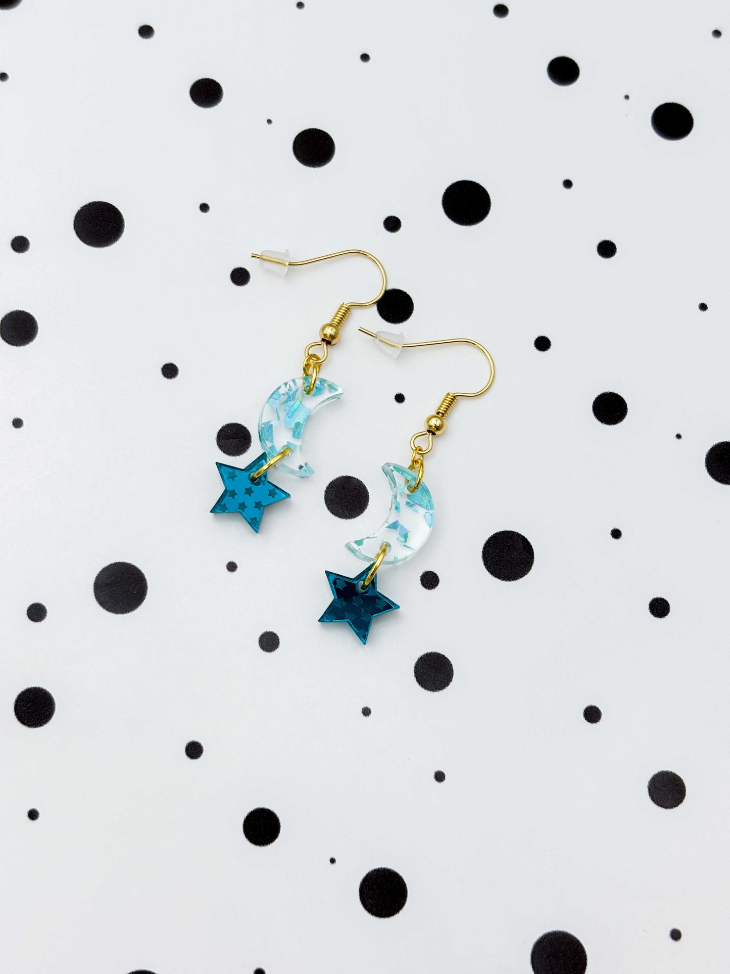 Medium Holographic Turquoise & Teal Chunky Crystal Acrylic Moon & Star Duo Dangle Earrings or Necklace – Hypoallergenic Stainless Steel