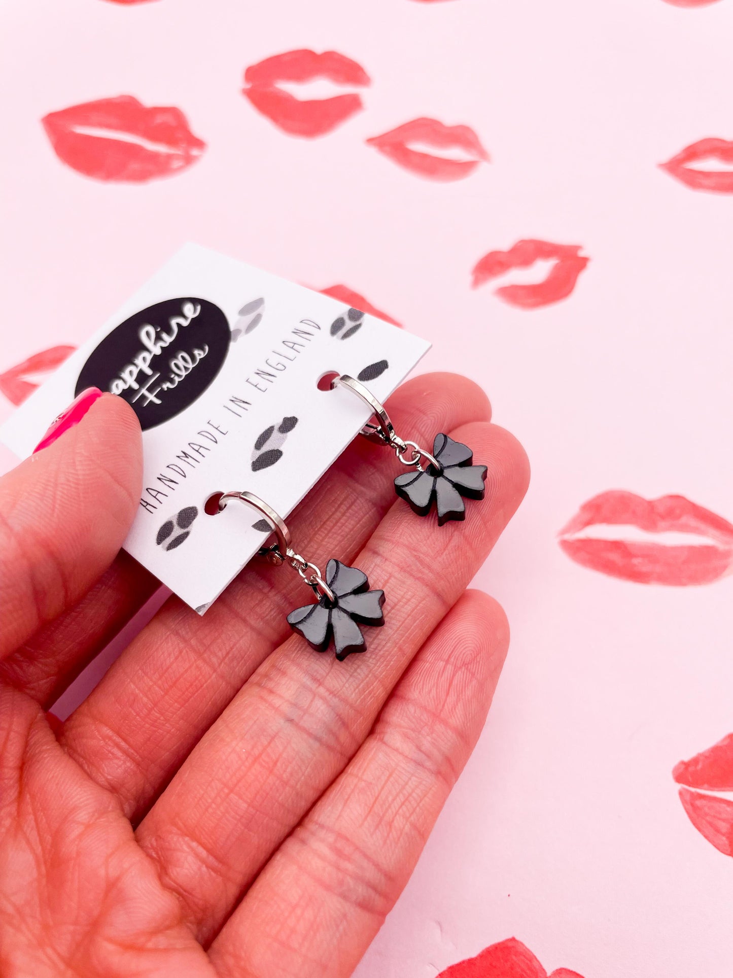 Mini Black Gloss Acrylic Bow Dangle Earrings or Necklace – Hypoallergenic Stainless Steel