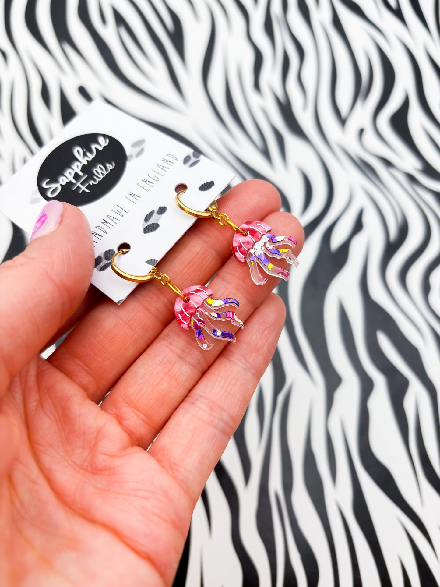Small Hot Pink Marble and Confetti Jellyfish Acrylic Dangle Earrings