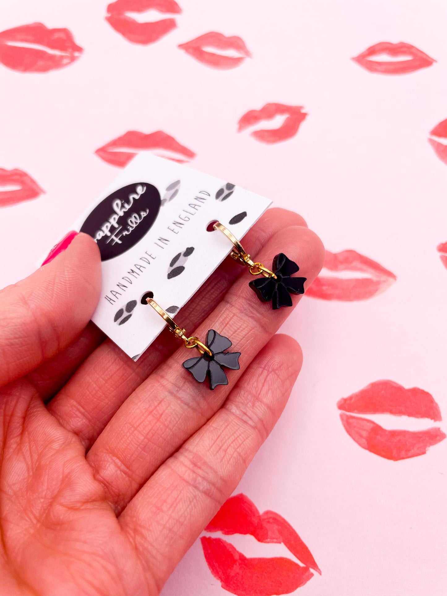 Mini Black Gloss Acrylic Bow Dangle Earrings