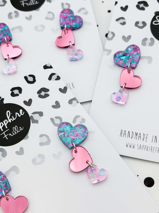 Lilac, Pink and Mint Trio Heart Dangle Earrings – Hypoallergenic Stainless Steel