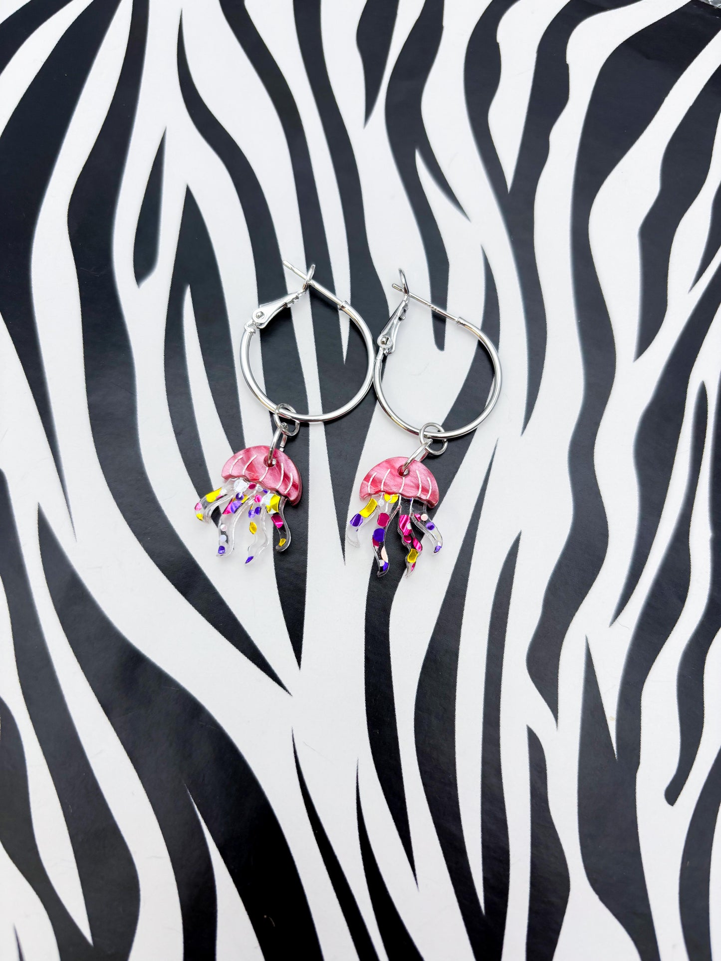 Small Hot Pink Marble and Confetti Jellyfish Acrylic Dangle Earrings