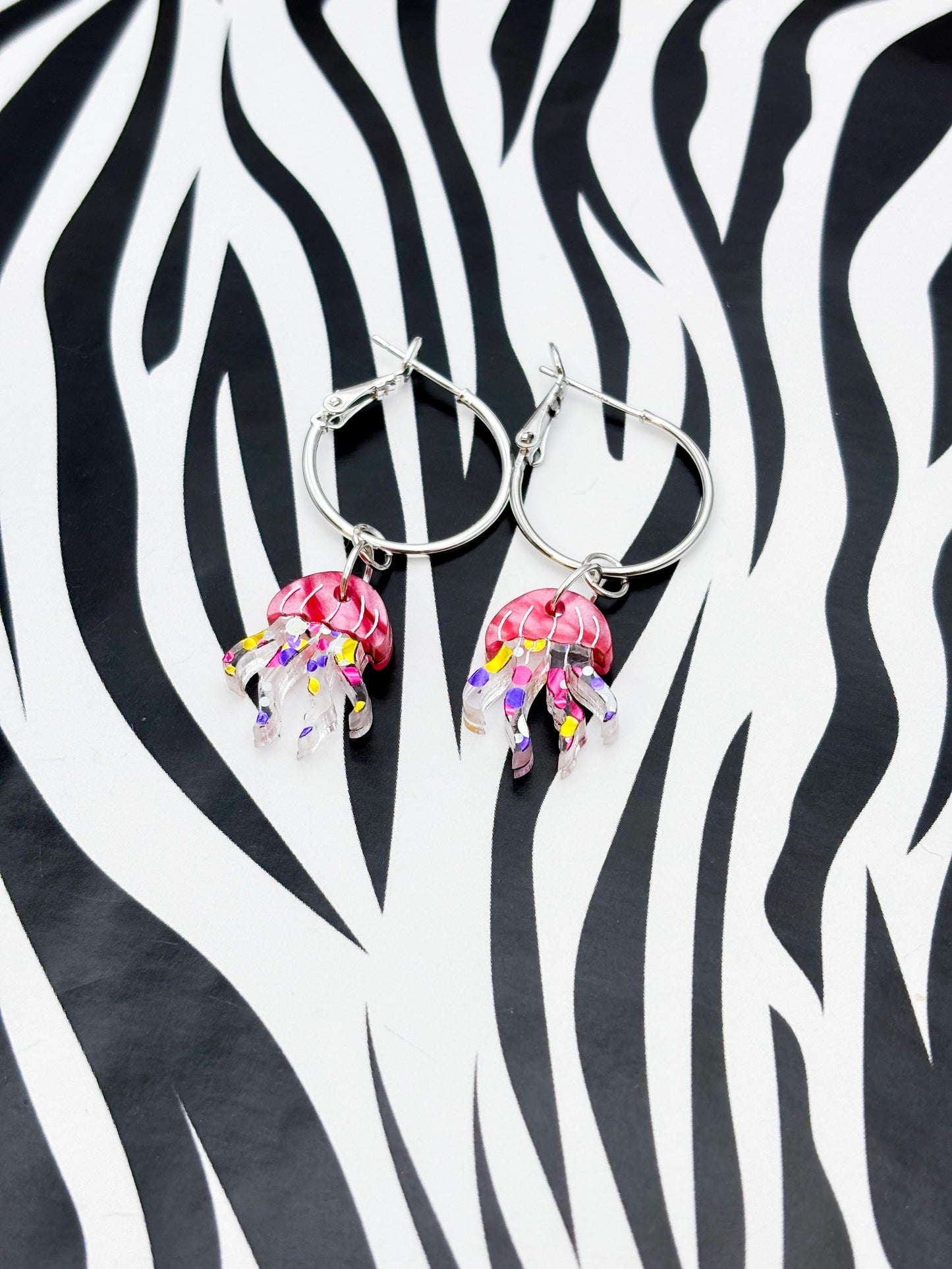 Small Hot Pink Marble and Confetti Jellyfish Acrylic Dangle Earrings or Necklace – Hypoallergenic Stainless Steel