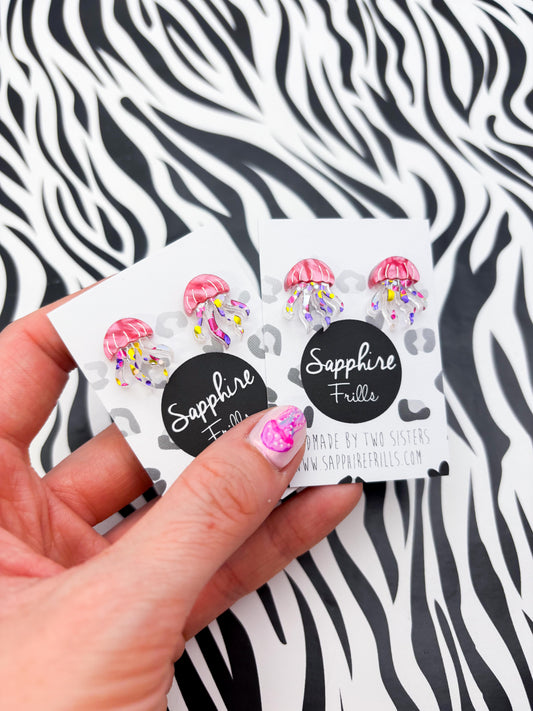 Small Hot Pink Marble and Confetti Acrylic Jellyfish Stud Earrings – Hypoallergenic Stainless Steel