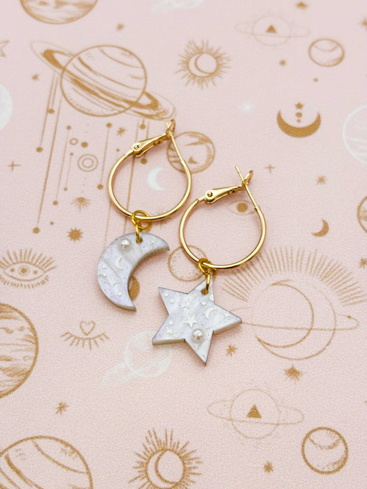Medium White Glitter Marble Mismatch Star and Moon Dangle Earrings or Necklace – Hypoallergenic Stainless Steel