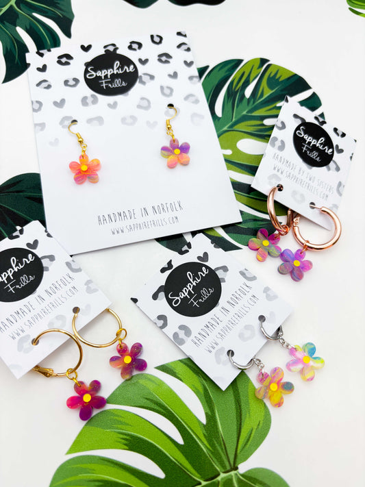 Small Rainbow Glitter Marble Flower Dangle Earrings or Necklace – Hypoallergenic Stainless Steel