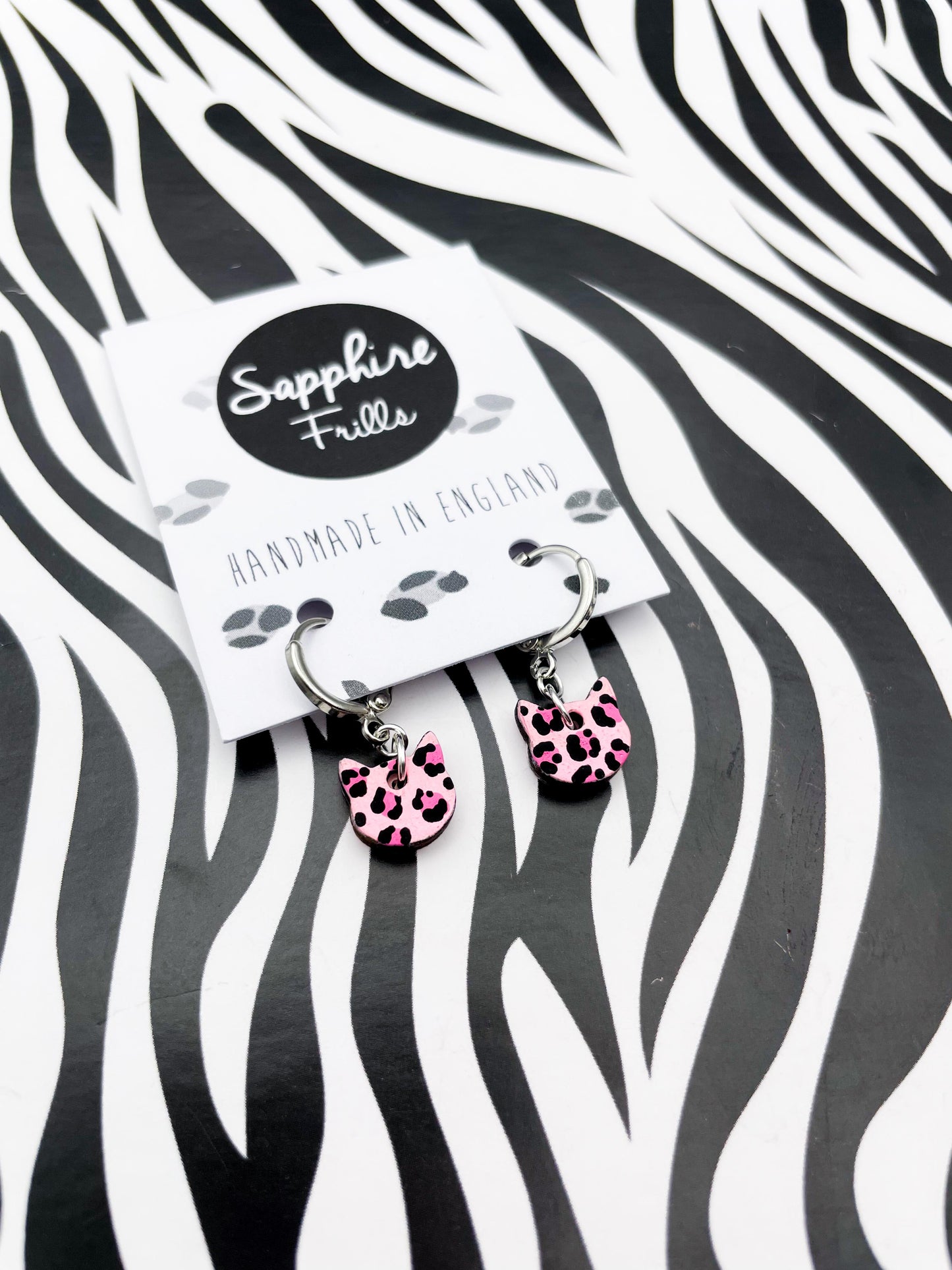 Mini Pink Leopard Print Cat Head Wooden Dangle Earrings