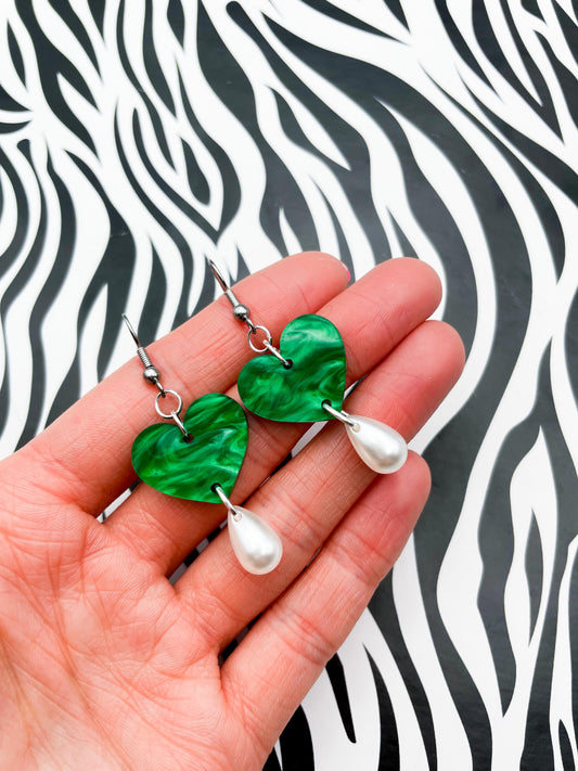 Emerald Marble Heart and Pearl Teardrop Acrylic Dangle Earrings or Necklace – Hypoallergenic Stainless Steel